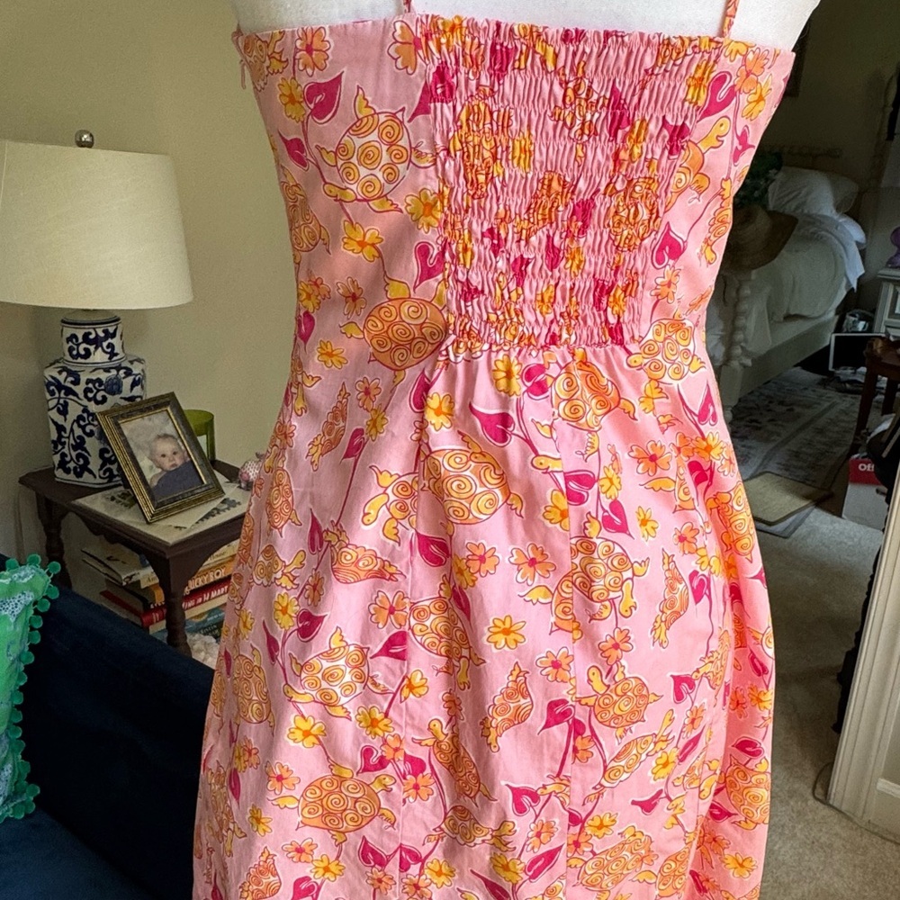 Vintage Lilly Pulitzer Pink and Orange Sleeveless Midi Sundress w/ Turtles- 8 - Picture 5 of 6
